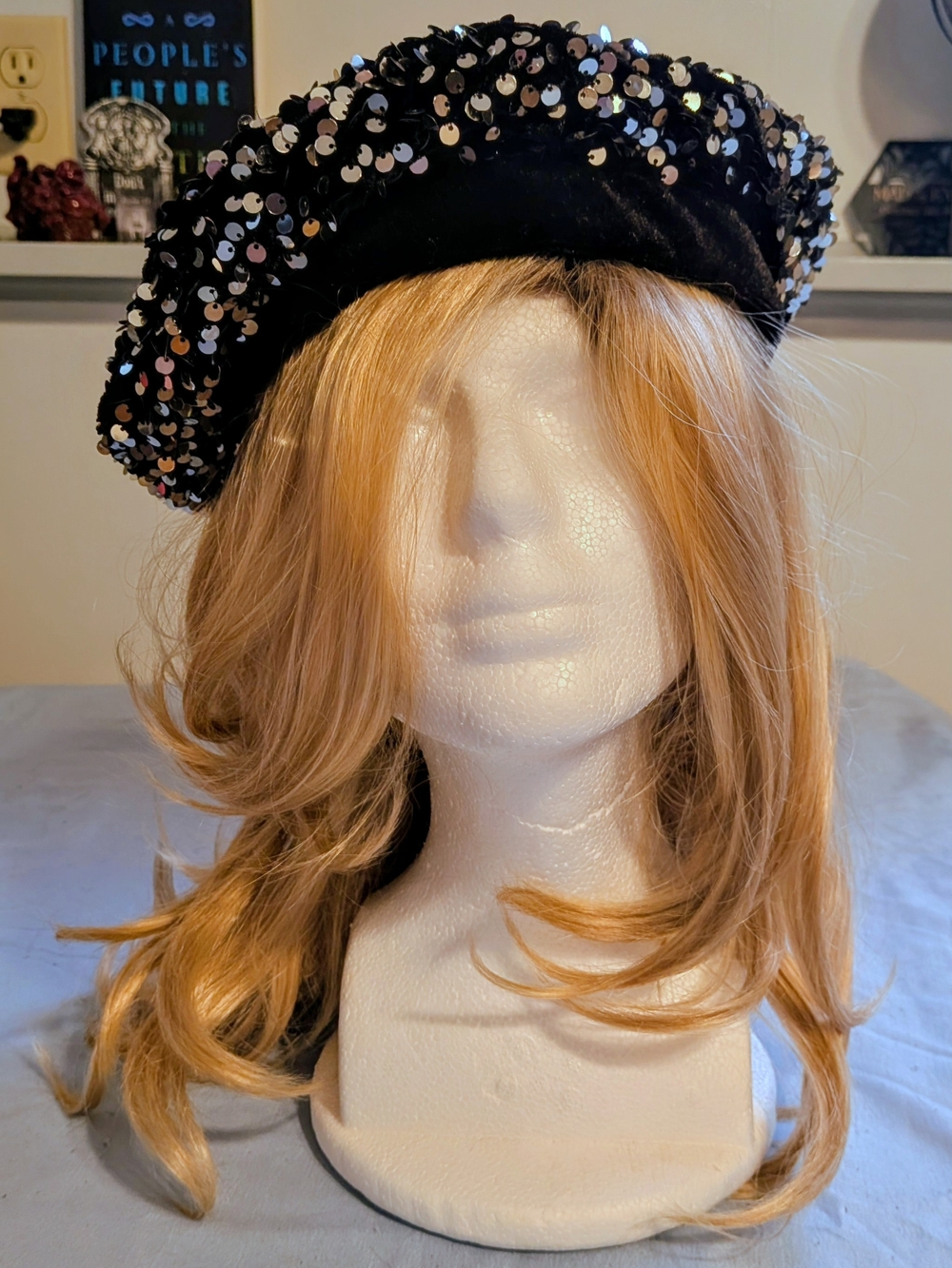 Sparkling Silver Sequins on Black Velvet Beret, Lightweight Women Fashion Hat